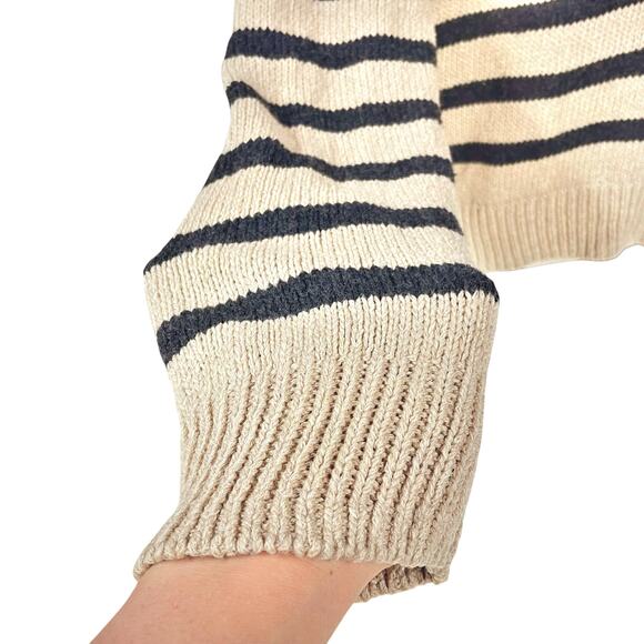 MARINE LAYER Claire Relaxed Sweater Polo in Neutral Stripe Merino Blend Size L - Picture 6 of 9
